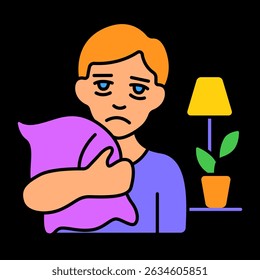 Tired boy hugging pillow icon. Room background with lamp and plant, evening fatigue and sleeplessness.