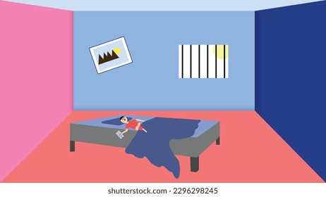 Niño cansado durmiendo en la cama mientras juega en la habitación.
