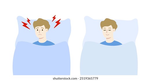 Tired boy with sleeping problem. Happy boy having sweet dream. Healthcare, insomnia, sleep disorder, stress, anxiety, lifestyle concepts. Flat people character vector design isolated illustrations.