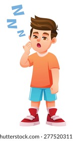 Tired boy yawning and feeling sleepy while standing alone. Vector cartoon character illustration