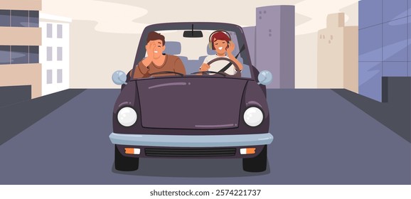 Tired boyfriend suffering from loud song of girlfriend who driving car listening to music in headphones and singing on way home after work vector illustration. Young people inside automobile