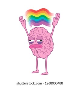 Tired brain spreads his arms above with a rainbow, meme