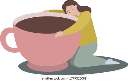 Tired brown-haired woman sits with closed eyes and hugs a huge mug of coffee. Low energy state, feeling week, chronical fatigue, tiredness, physical or mental burnout, coffee addiction