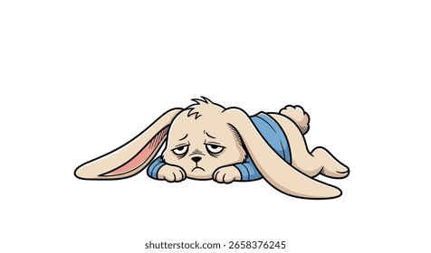 Cansado personagem coelho sentindo-se exausto deitado sobre fundo branco
