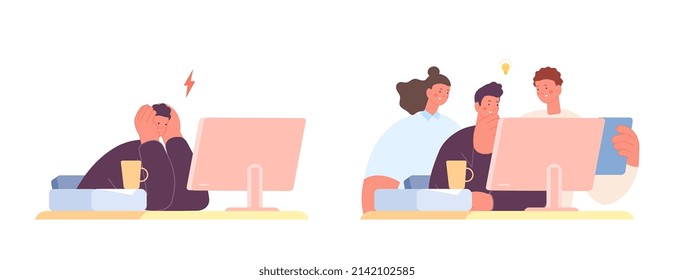 Tired burnout man has problems with work. Colleagues come to help and reload working process. Support in business, office creative team vector characters