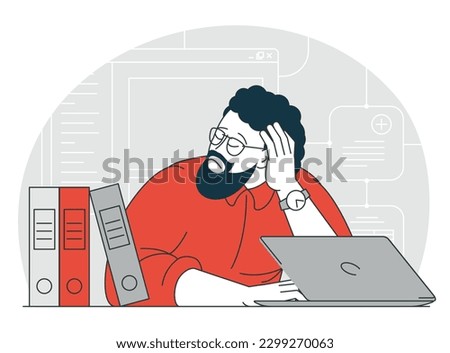 Tired burnout man at work. Exhausted overworked manager at office desk.