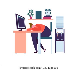 Tired Business Character Sleeping in the Office. Exhausted Worker Falling Asleep at Work. Lazy Man Sleeping Behind his Desk. Vector illustration