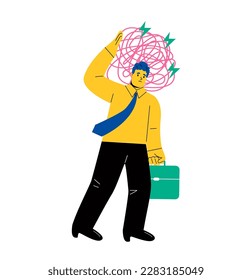 Tired business man carrying heavy line on his back. Pressure from too much responsibility. Flat vector illustration isolated on white background

