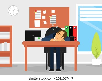 Tired Business Man Character Sleeping Rested His Head on Office Desk Vector Illustration