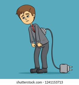 tired business man low battery with charger cable on blue background