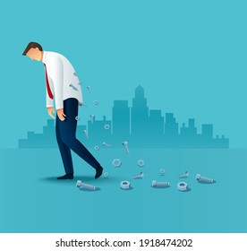 Tired business man office worker with screws. overworked concept Vector Illustration