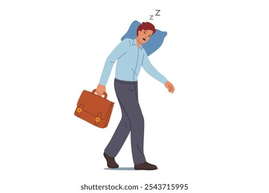 Hombre de negocios cansado duerme en movimiento, poniendo la cabeza en la almohada y cerrando los ojos debido al agotamiento extremo. El gerente cansado necesita descansar para evitar el agotamiento y el agotamiento después de un día difícil en el trabajo.