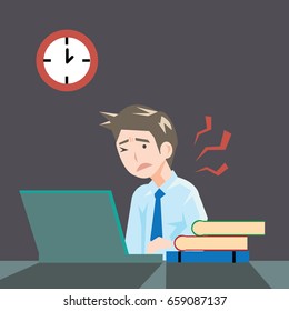 Tired business man working at desk with neck pain symptom.Office syndrome concept.