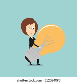 Tired business woman carrying in hands huge idea light bulb, for inspiration or great idea concept design. Cartoon flat style 