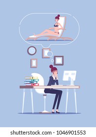 Tired business woman character overloaded at work and dreaming of vacation on beach resort vector flat illustration. Stressed businesswoman thinking of herself lying on a chaise longue in swim suit.