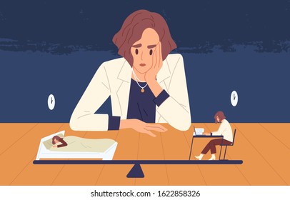 Tired Business Woman Choice Between Health And Side Job Vector Illustration. Female Cartoon Office Worker Looking On Tiny People Choosing Life And Work. Balance Between Income And Rest Concept