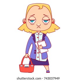 Tired business woman cute cartoon character isolated on white background. Vector illustration