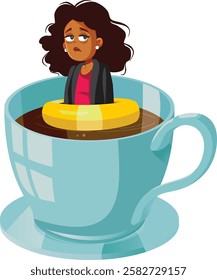 
Tired Business Woman Floating in a Cup of Coffee Vector Cartoon. Exhausted unhappy businesswoman in need for her caffeine  