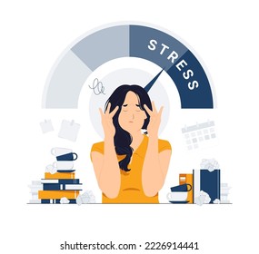 Müde Unternehmerin, die ihr Haar bei der Arbeit unter Stress hält, Kopfschmerzen, Migräne, Schwindel, Müde, müde, Frustration, Deadline, Müdigkeit, erschöpft wegen Überarbeit Concept Illustration