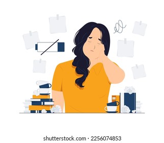 Tired business woman holding her hair under stress during work, headache, migraine, dizzy, tired, Frustrated, Deadline, Tiredness, feeling exhausted because of overwork concept illustration