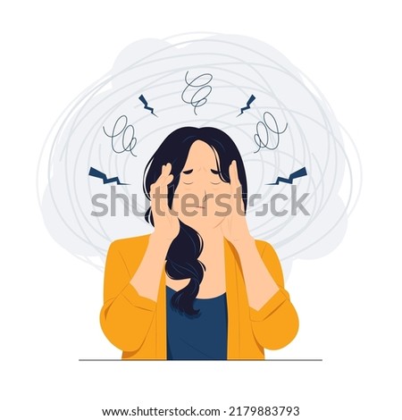 Tired business woman holding her hair under stress during work, headache, migraine, dizzy, tired, Frustrated, Deadline, Tiredness, feeling exhausted because of overwork concept illustration Foto stock © 