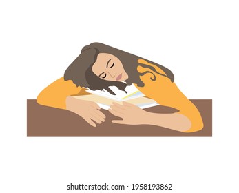 Tired business woman lies on the table and papers and sleeps. Professional burnout. Hard work day.