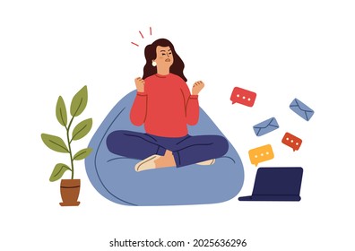 Tired business woman. Overworking character, home office deadline. Girl has many letters or email, angry female remote worker or freelancer vector concept