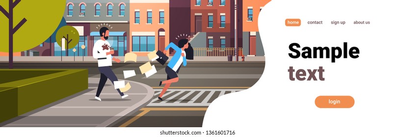 tired business woman running crosswalk pushing man with coffee cup city street road buildings background horizontal flat