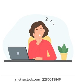 Tired business woman sleep on workplace. Office worker taking a nap at desk. Overwork,fatigue. Vector illustration.