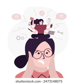 Mujer de negocios cansada pensando y haciendo muchas tareas al mismo tiempo. Agotamiento, estrés emocional, sobrecarga. Habilidades multitarea, gestión eficaz del tiempo y concepto de productividad. Trabaja duro, Vector plano