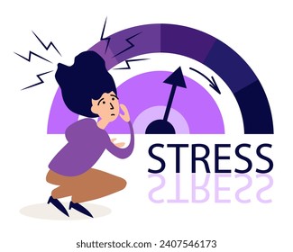 Tired business woman under stress during work, headache, migraine, dizzy, tired, Frustrated, Deadline, Tiredness, feeling exhausted because of overwork concept. Thunderstorm sign. Illustration