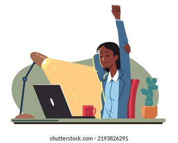 Tired Business Woman Worker Stretching At Computer Desk. Exhausted Employee Person Procrastinating At Office Workplace. Fatigue Problem, Boredom, Work Productivity, Break Flat Vector Illustration