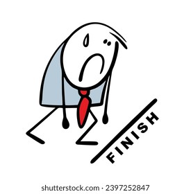 Tired businessman barely reached the finish line. Vector illustration of the end of the financial race for business success. Isolated cartoon character in office suit on white background.