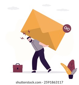 Tired businessman, busy email overload, heavy pressure and workload. Worker man or employee carry giant envelope with infinity unread emails. burnout from too many messages. flat vector illustration