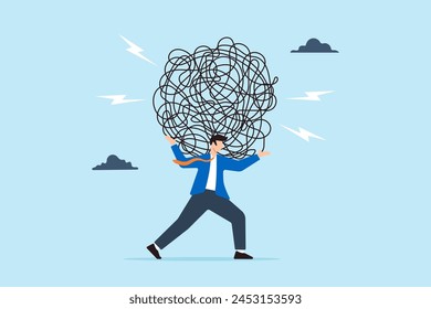 Tired businessman carries heavy tangled line on his back, illustrating burdens of stress. Concept of anxiety from work difficulty, overload, and challenges of navigating economic crises