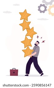 Tired businessman carrying five stars. Working under best quality requirement or working under high pressure, perfectionism. Lot of effort to achieve high level of quality or best business ratings.