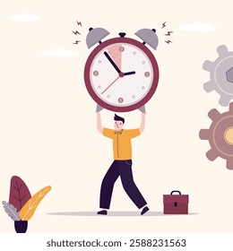 Tired businessman carrying heavy alarm clock, deadline concept. Workload and aggressive deadline causing exhaustion and burnout, overload or overworked office routine. flat vector illustration