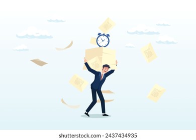 Tired businessman carrying heavy documents paperwork with alarm clock deadline on top, workload and aggressive deadline causing exhaustion and burnout, overload or overworked office routine (Vector)