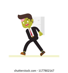 Tired businessman carrying a lot of work like a zombie