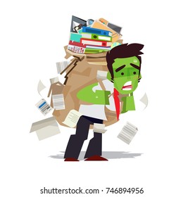 Tired businessman carrying a lot of work like a zombie. workaholic concept - vector illustration