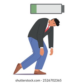 Personagem De Empresário Cansado De Pé Com Ombros Escorregados E Um Ícone De Bateria Fraca Acima Retratando Exaustão E Falta De Energia. Imagem Vetorial Em Cartoon Transmite Sentimentos De Burnout E Estresse No Local De Trabalho