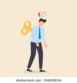 Tired businessman with Clockwork key and empty battery. Professional burnout or long working day concept. The lack motivation and energy to do work. Vector illustration