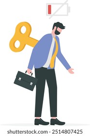 Homem de negócios cansado com chave de relógio e bateria vazia. Condição profissional de esgotamento ou longo dia de trabalho. Falta-lhes motivação e energia para fazer o trabalho. Ilustração vetorial

