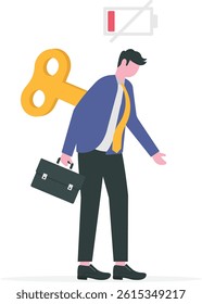 Tired businessman with Clockwork key and empty battery. Professional burnout or long working day concept. They lack motivation and energy to do work. Vector illustration

