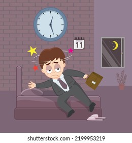 Tired Businessman Coming Home Late At Night After Hard Work Day, Illustrator Vector Cartoon Drawing