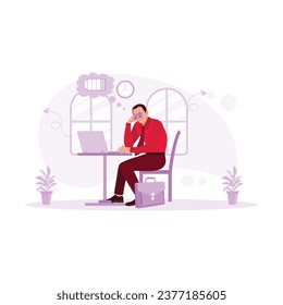 Tired businessman doing inefficient work sitting in front of a laptop with eyes covering eye stickers on the face. Boring Job Concept. Trend Modern vector flat illustration