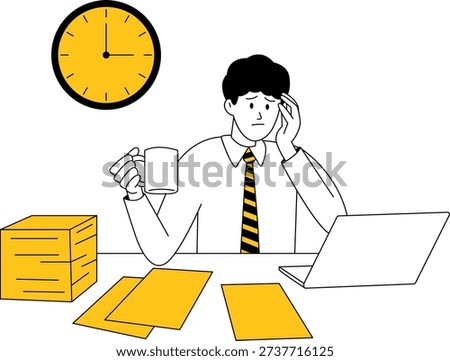 Tired businessman drinking coffee while working late to meet a tight deadline. Exhausted office employee sitting at desk with laptop and clock, representing overtime work, deadline pressure, corporate stress, burnout, and workplace productivity. Black and white hand drawn vector illustration.