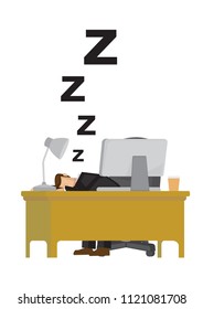 Tired businessman exhausted and sleeping in the office desk. Humor office life. Isolated vector illustration.