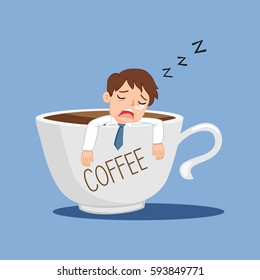 Tired businessman falling asleep in a big cup of coffee, vector illustration cartoon