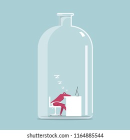  A tired businessman fell asleep,in the bottle.The background is blue.	